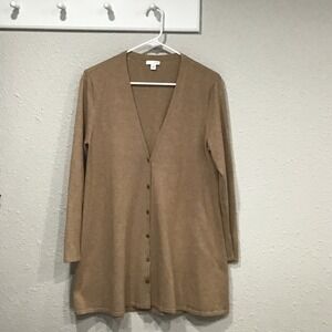 J. Jill Wool Blend Long Cardigan Women's M Camel Tan Button Front V-Neck Sweater